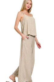 Zenana Ash Mocha Woven Acid Crinkle Washed Cami & Pants 2 Piece Set | Outfit Sets Daverri Fashions