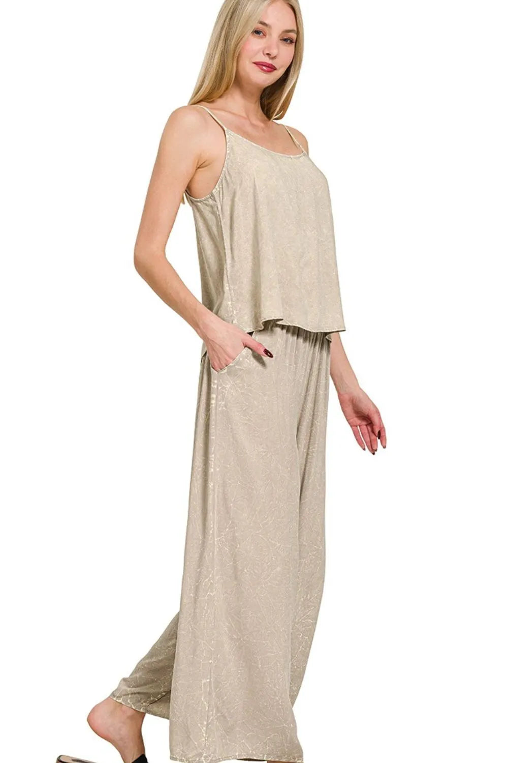 Zenana Ash Mocha Woven Acid Crinkle Washed Cami & Pants 2 Piece Set Outfit Sets