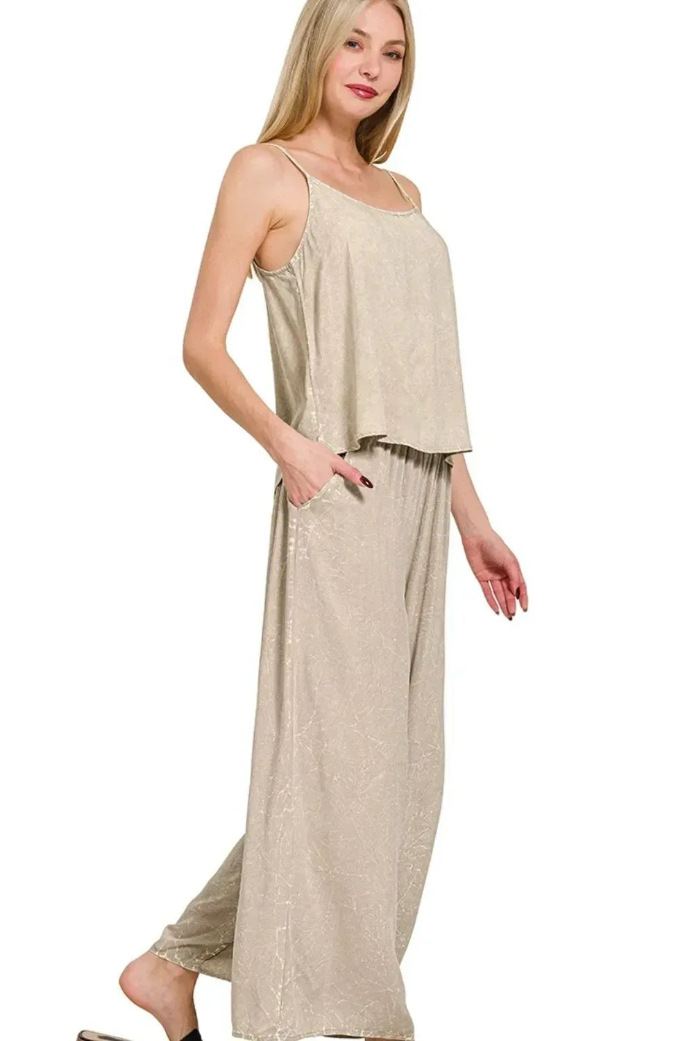 Zenana Ash Mocha Woven Acid Crinkle Washed Cami & Pants 2 Piece Set - DAVERRI FASHIONS