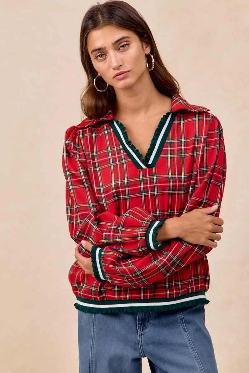 Red plaid flannel BiBi Christmas collared top with ruffles