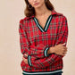 BiBi Christmas Plaid Collared Top with Ruffled Detail - DAVERRI FASHIONS