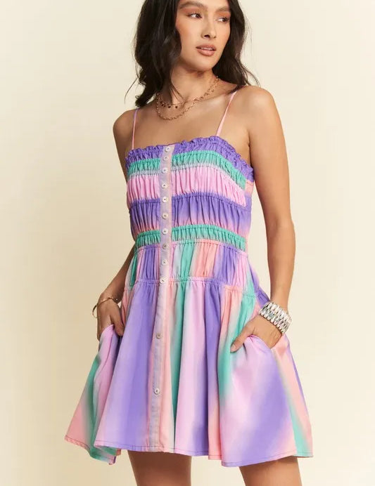 Purple Multi Davi & Dani Multi Color Ombre Printed Bodice Button Up Dress | Mini Dresses Daverri Fashions