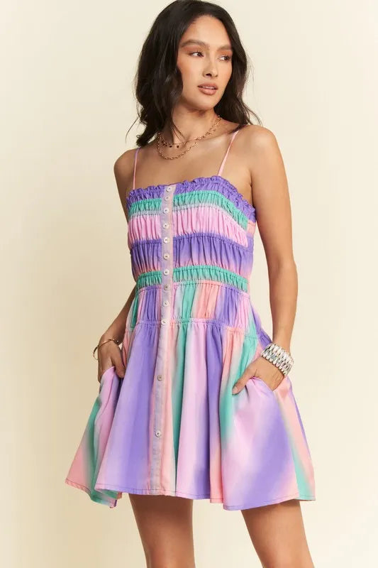 Davi & Dani Multi Color Ombre Printed Bodice Button Up Dress Purple Multi Mini Dresses