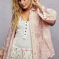 Delicate pink POL embroidered floral collared shirt with lace overlay and scalloped edges