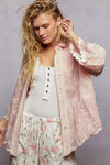 Delicate pink POL embroidered floral collared shirt with lace overlay and scalloped edges