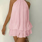 Soft pink halter neck ruched chiffon mini dress with ruffled hem