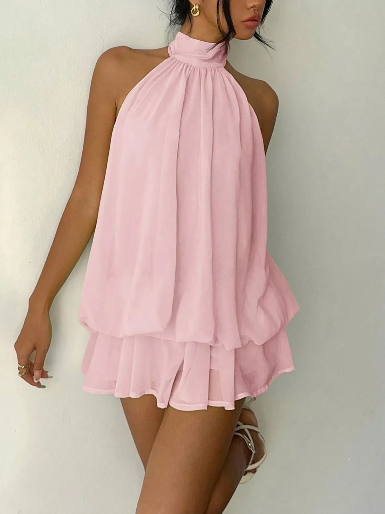 Soft pink halter neck ruched chiffon mini dress with ruffled hem