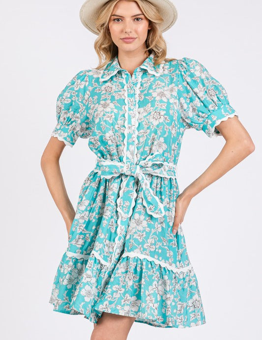 SAGE+FIG Vintage Floral Scalloped Mini Shirt Dress Tiffany Blue Mini Dresses