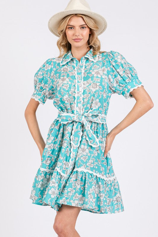 SAGE+FIG Vintage Floral Scalloped Mini Shirt Dress Tiffany Blue Mini Dresses