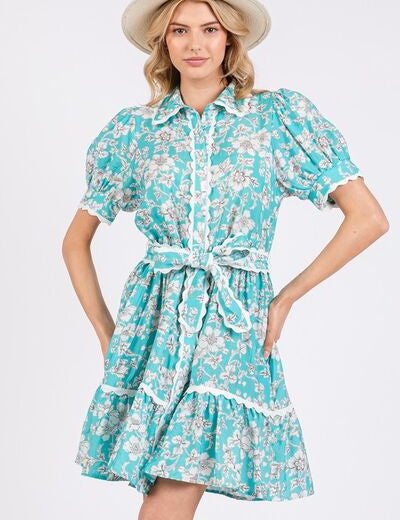 SAGE+FIG Vintage Floral Scalloped Mini Shirt Dress Tiffany Blue S Mini Dresses