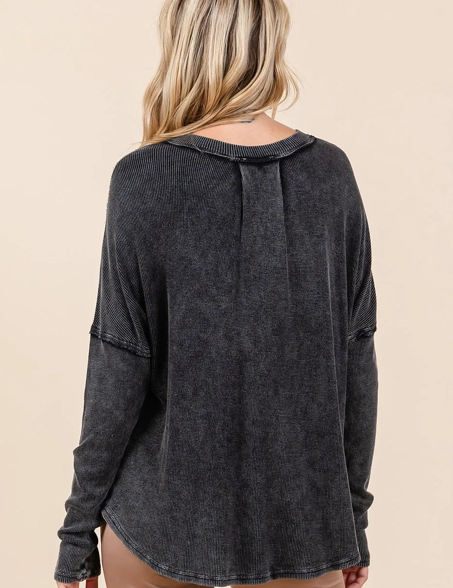 Mittoshop Washed V-Neck Long Sleeve Blouse | Daverri Fashions