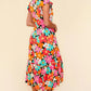 Haptics floral midi dress with vibrant pink orange teal flowers black background ruffles pockets