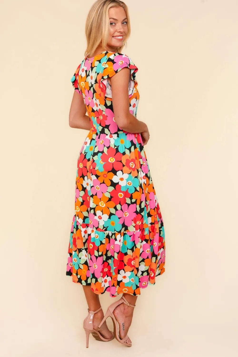 Haptics floral midi dress with vibrant pink orange teal flowers black background ruffles pockets