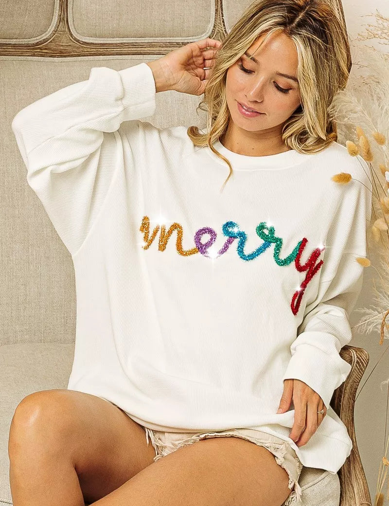BiBi Merry Tinsel Lettering Drop Shoulder Sweatshirt | Sweatshirts Daverri Fashions