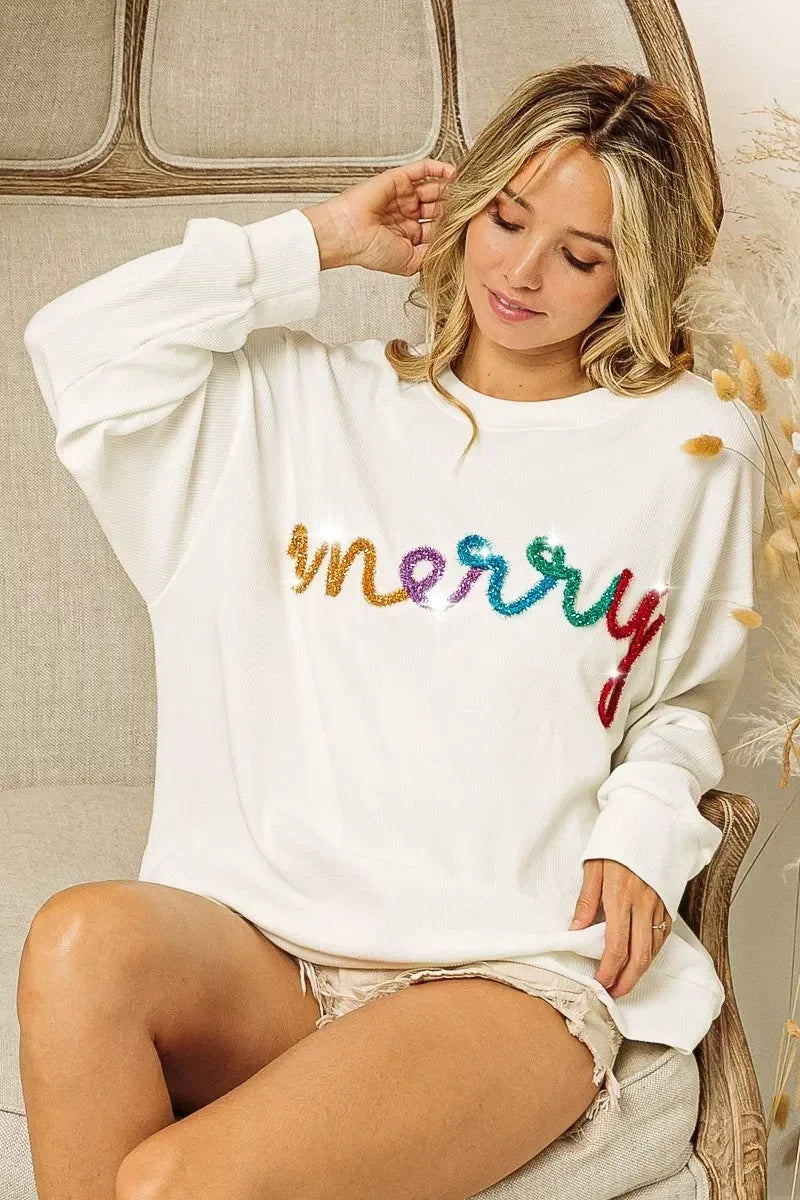 BiBi Merry Tinsel Lettering Drop Shoulder Sweatshirt - DAVERRI FASHIONS