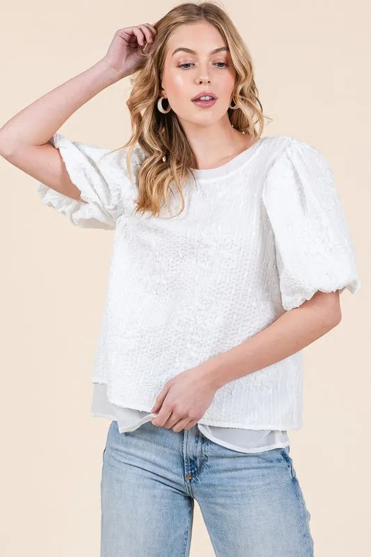 Lime 'N' Chili Floral Textured Puff Sleeve Top