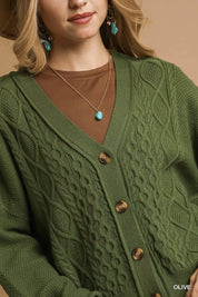 Umgee Chunky Cable Knit V-Neck Button-Up Cardigan Olive | Cardigans Daverri Fashions