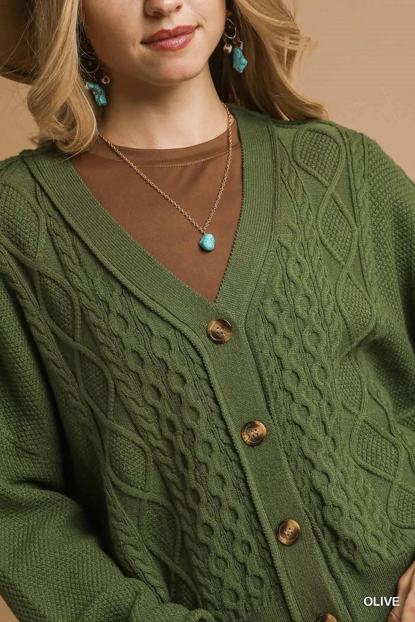 Umgee Chunky Cable Knit V-Neck Button-Up Cardigan Olive - DAVERRI FASHIONS