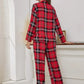 Plaid Collared Neck Long Sleeve Top and Pants Lounge Set - DAVERRI FASHIONS