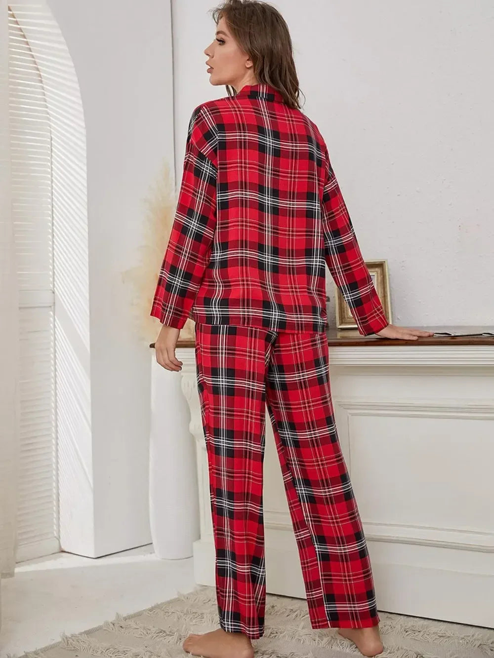 Plaid Collared Neck Long Sleeve Top and Pants Lounge Set - DAVERRI FASHIONS