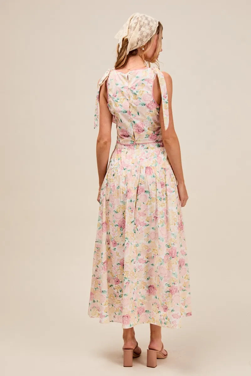 SO ME Floral Printed Woven Shoulder Bow Tie Top and Skirt Set Outfit Sets
