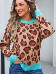 Khaki Leopard Round Neck Long Sleeve Sweater | Sweaters Daverri Fashions