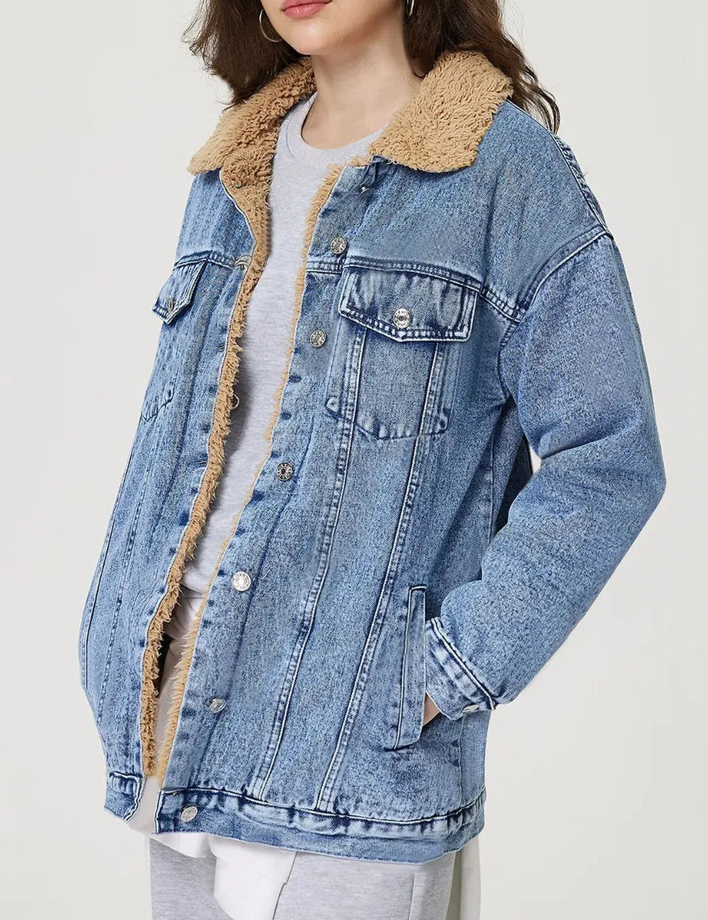 Button Up Collared Neck Plush Denim Jacket | Denim Jackets Daverri Fashions