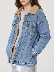 Button Up Collared Neck Plush Denim Jacket | Denim Jackets Daverri Fashions