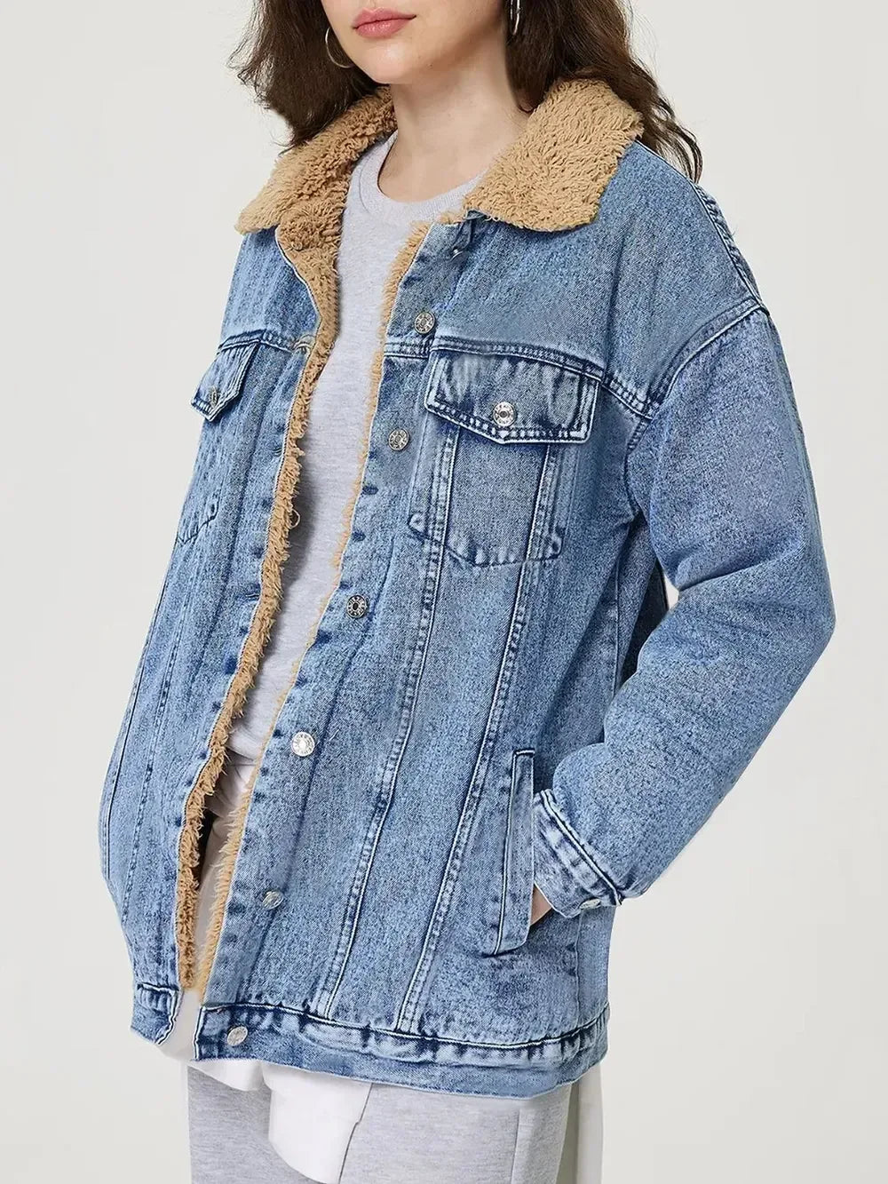 Button Up Collared Neck Plush Denim Jacket - DAVERRI FASHIONS