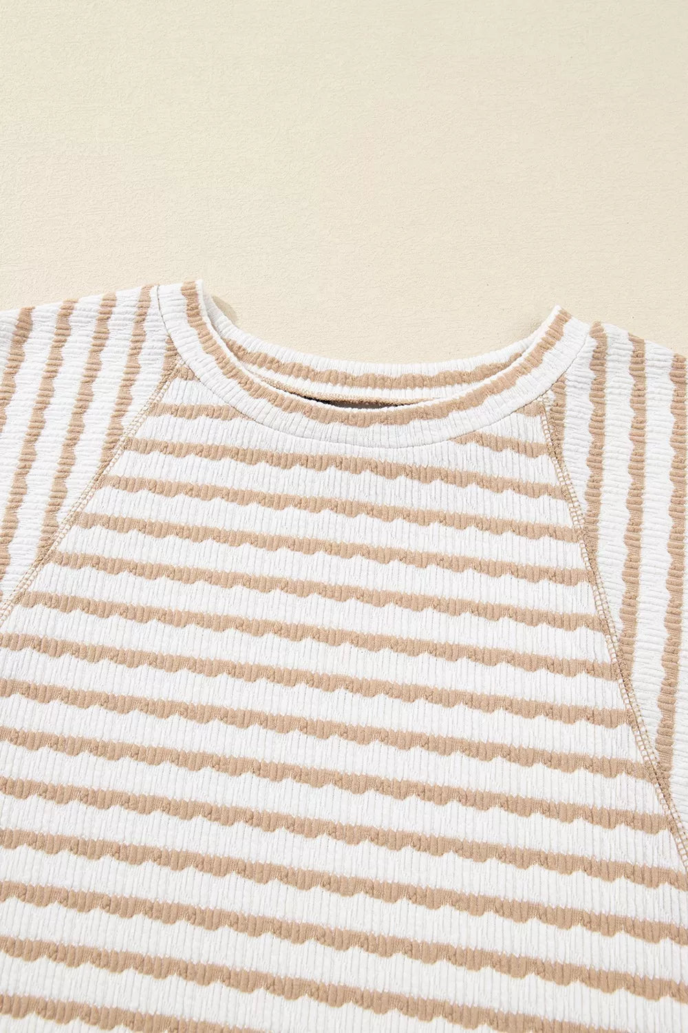 Daverri Fashions striped textured knit ribbed half-sleeve top in white and beige