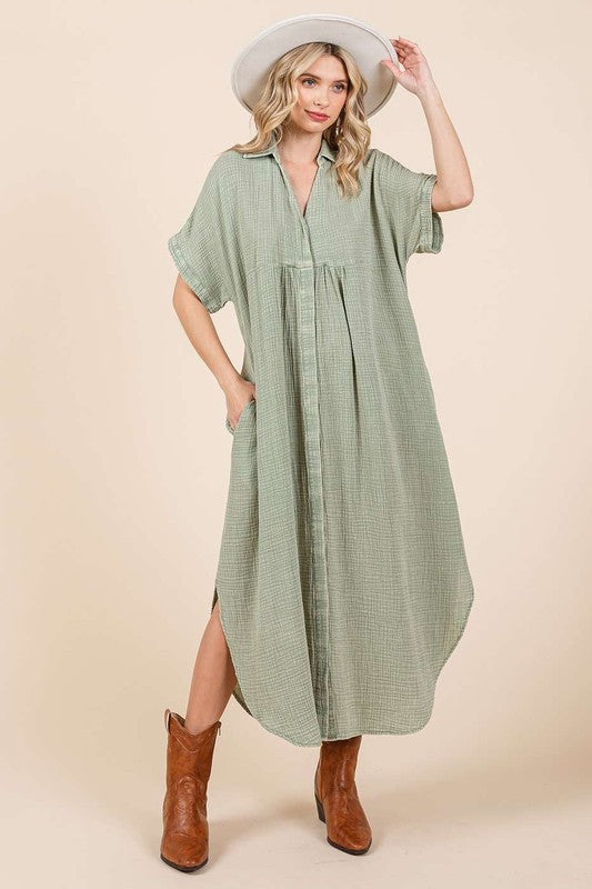 Mittoshop Mineral Wash V Neck Button Up Midi Shirt Dress Midi Dresses