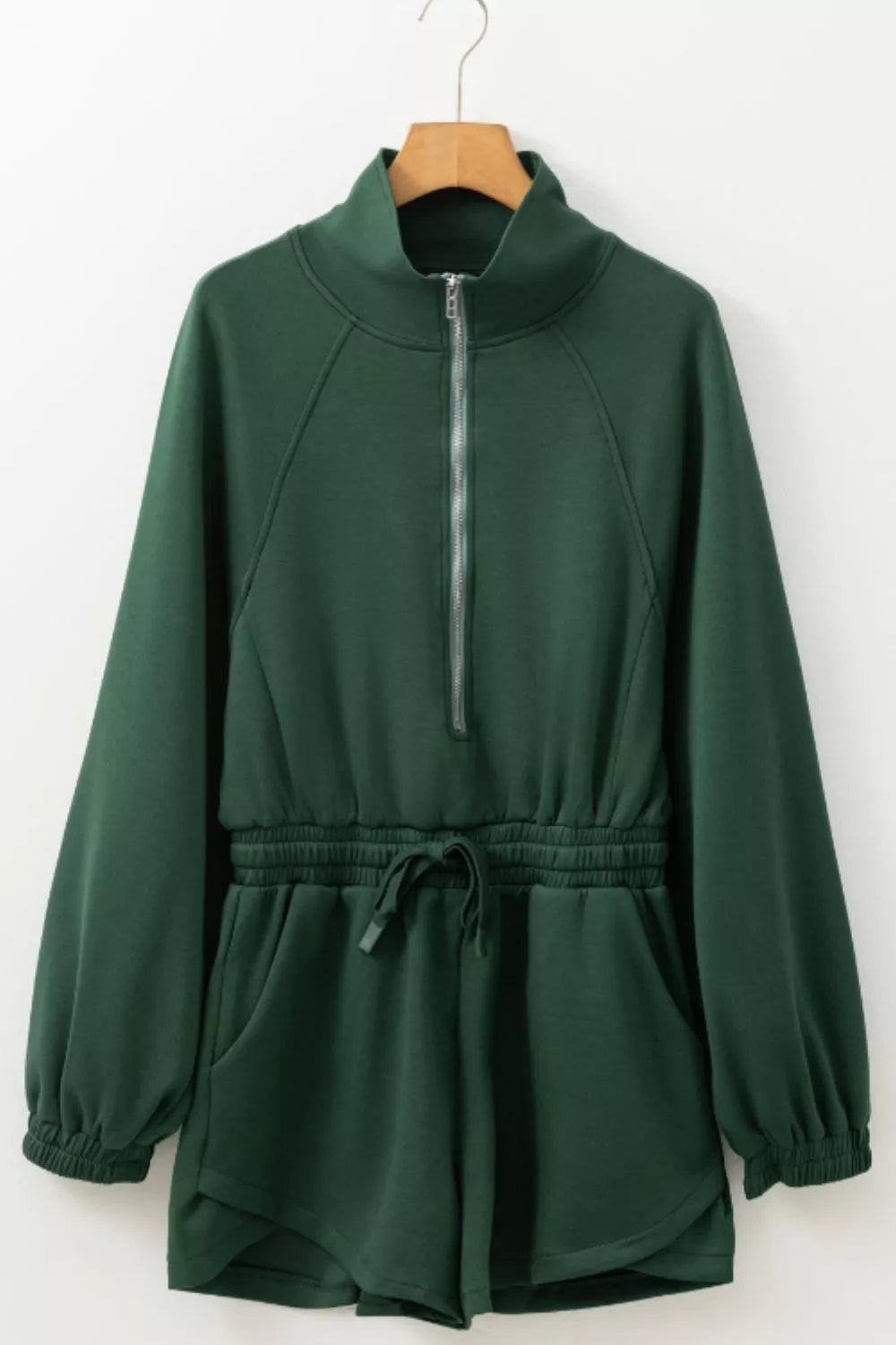 Dark green long-sleeved zip-up drawstring waist romper