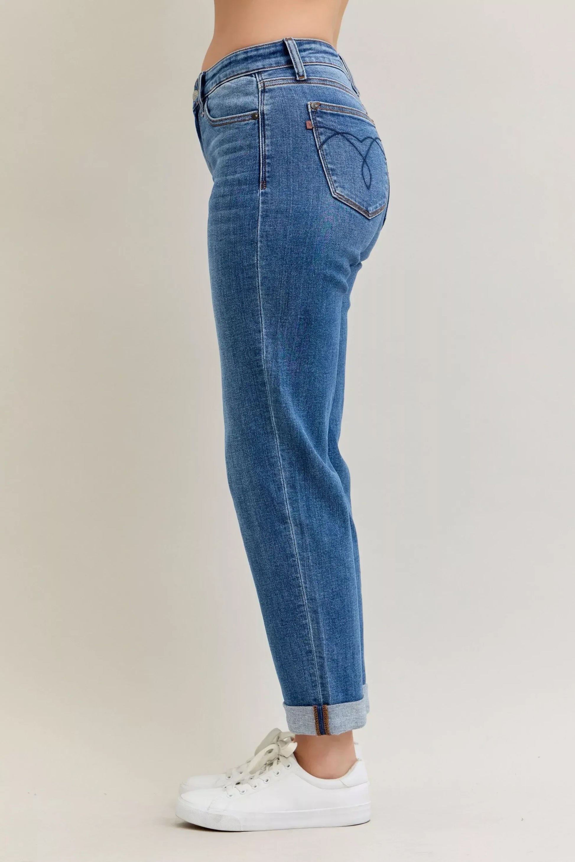 Judy Blue Full Size Mid Rise BF Classic Cuffed Jeans Plus Size - DAVERRI FASHIONS