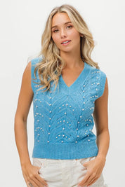 BiBi Blue Chevron Pointelle Pearl Knit Top | Tops Daverri Fashions