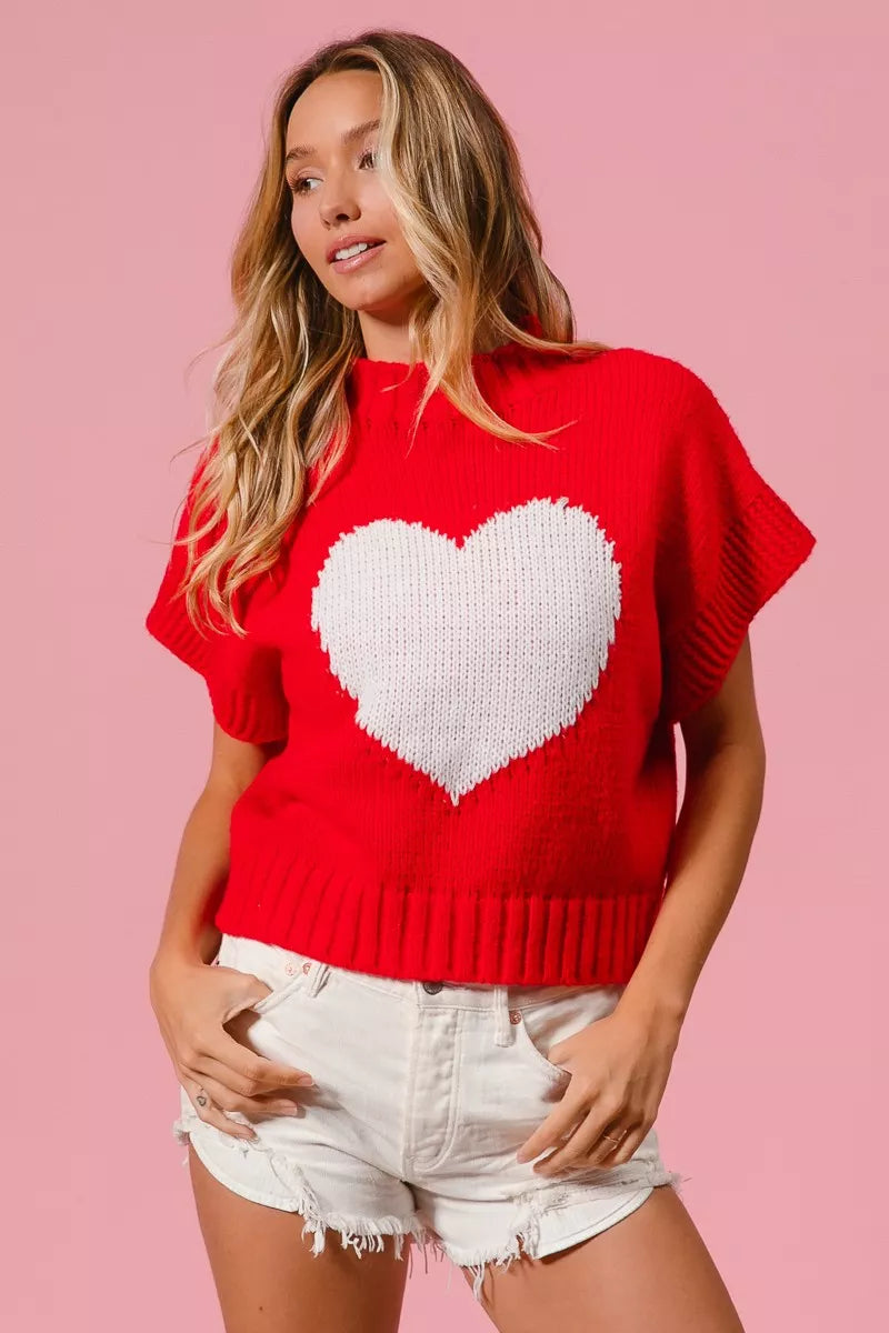 Red BiBi Rib Banded Heart Pattern Valentines Sweater