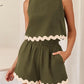 Daverri Fashions olive green sleeveless top and shorts set with cream scalloped trim