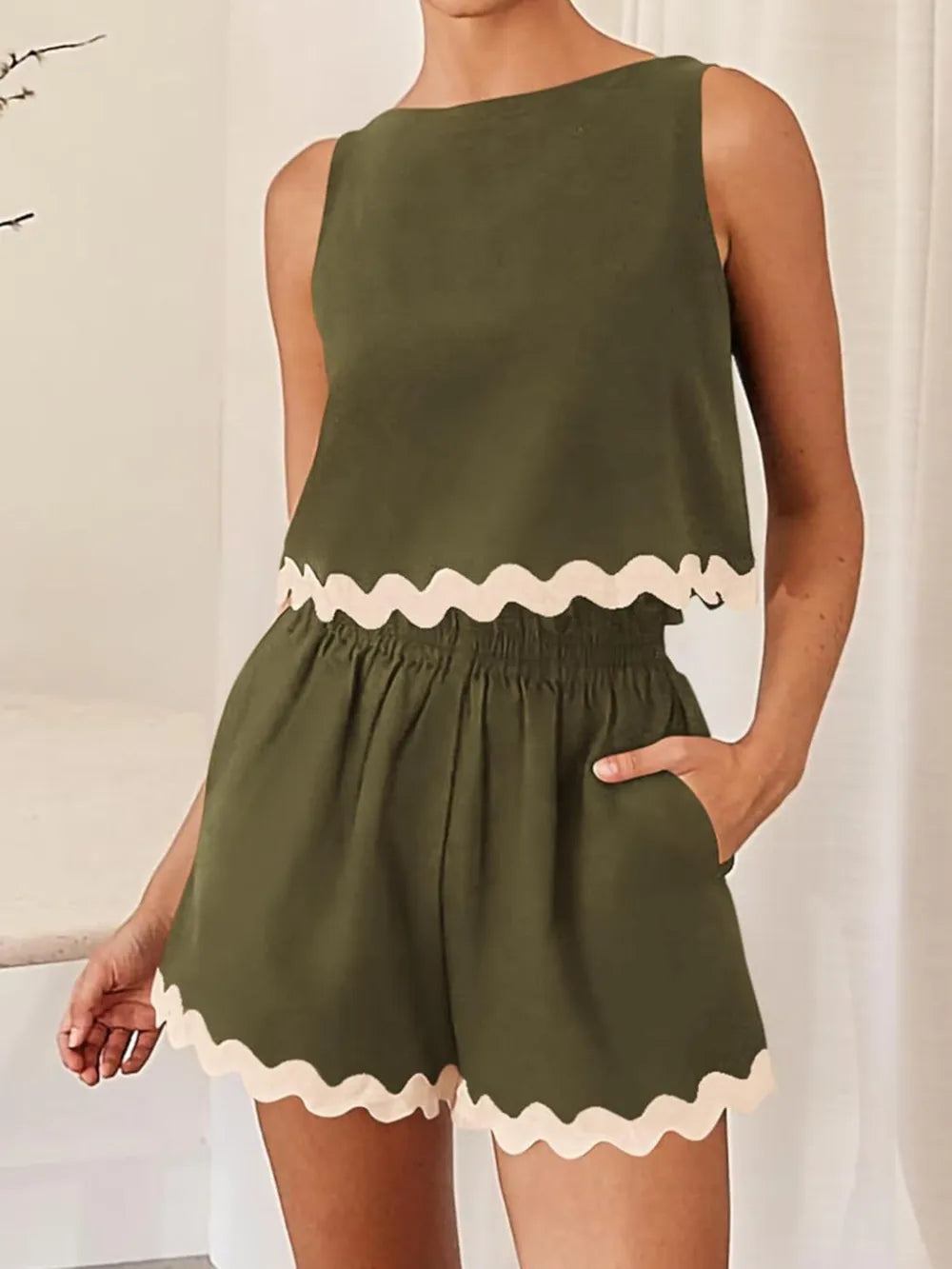 Daverri Fashions olive green sleeveless top and shorts set with cream scalloped trim