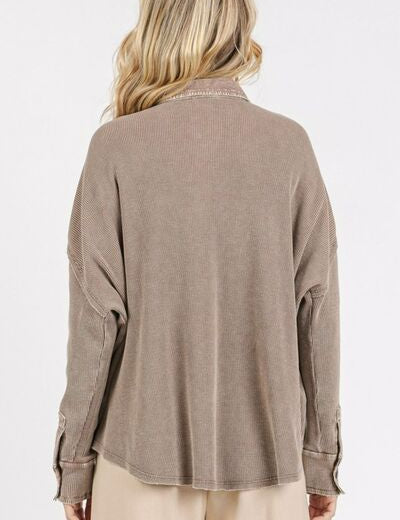 Mittoshop Mineral Wash Waffle Knit Collared Neck Henley Top