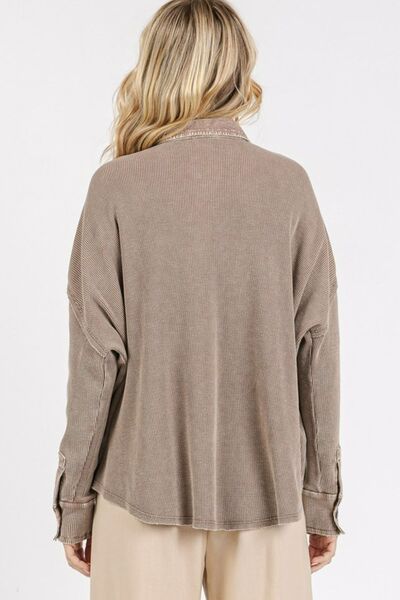 Mittoshop Mineral Wash Waffle Knit Collared Neck Henley Top