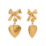 18K Gold-Plated Bow Heart Drop Locket Earrings | Earrings Daverri Fashions