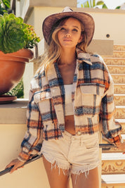 BiBi Brushed Plaid Crop Jacket with Pockets Ivory Multi Jackets