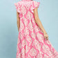 Pink and white peony leaf print Umgee tiered midi dress with pockets