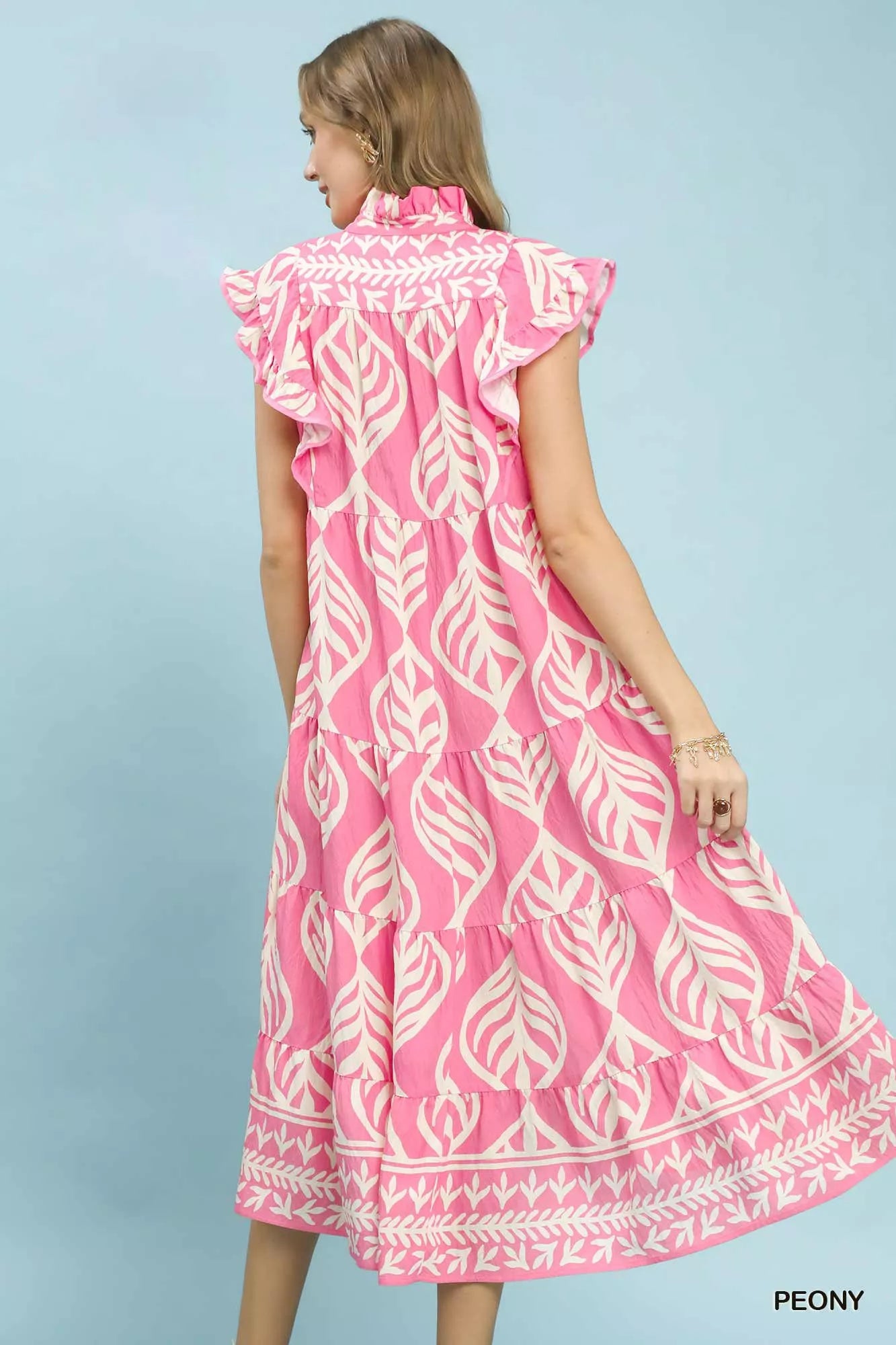 Pink and white peony leaf print Umgee tiered midi dress with pockets