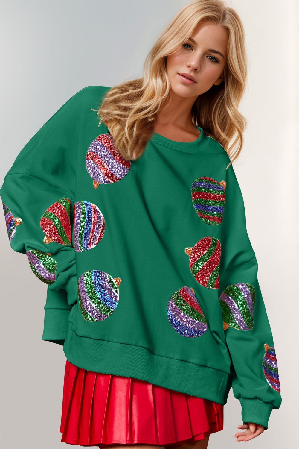 Green sequin Christmas ornament sweatshirt, round neck long sleeve