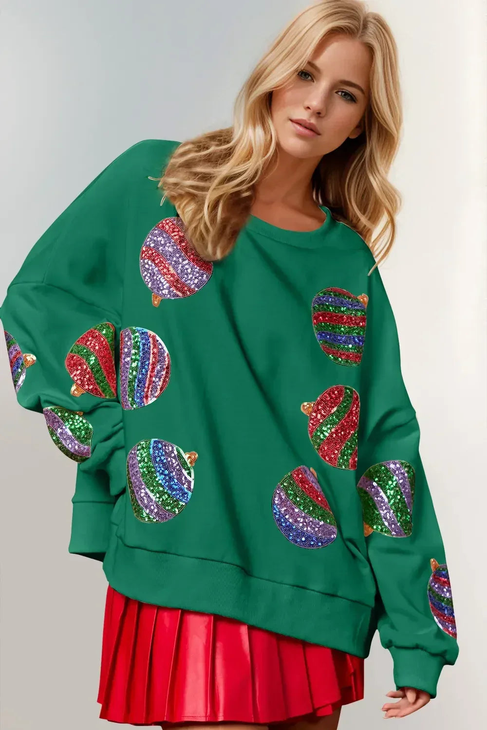 Double Take Christmas Element Sequin Round Neck Long Sleeve Sweatshirt - DAVERRI FASHIONS