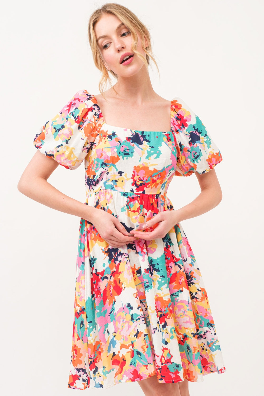 And The Why Square Neck Puff Sleeve Floral Dress Knee Length Dresses