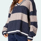 Striped Cable Knit V-Neck Sweater - DAVERRI FASHIONS
