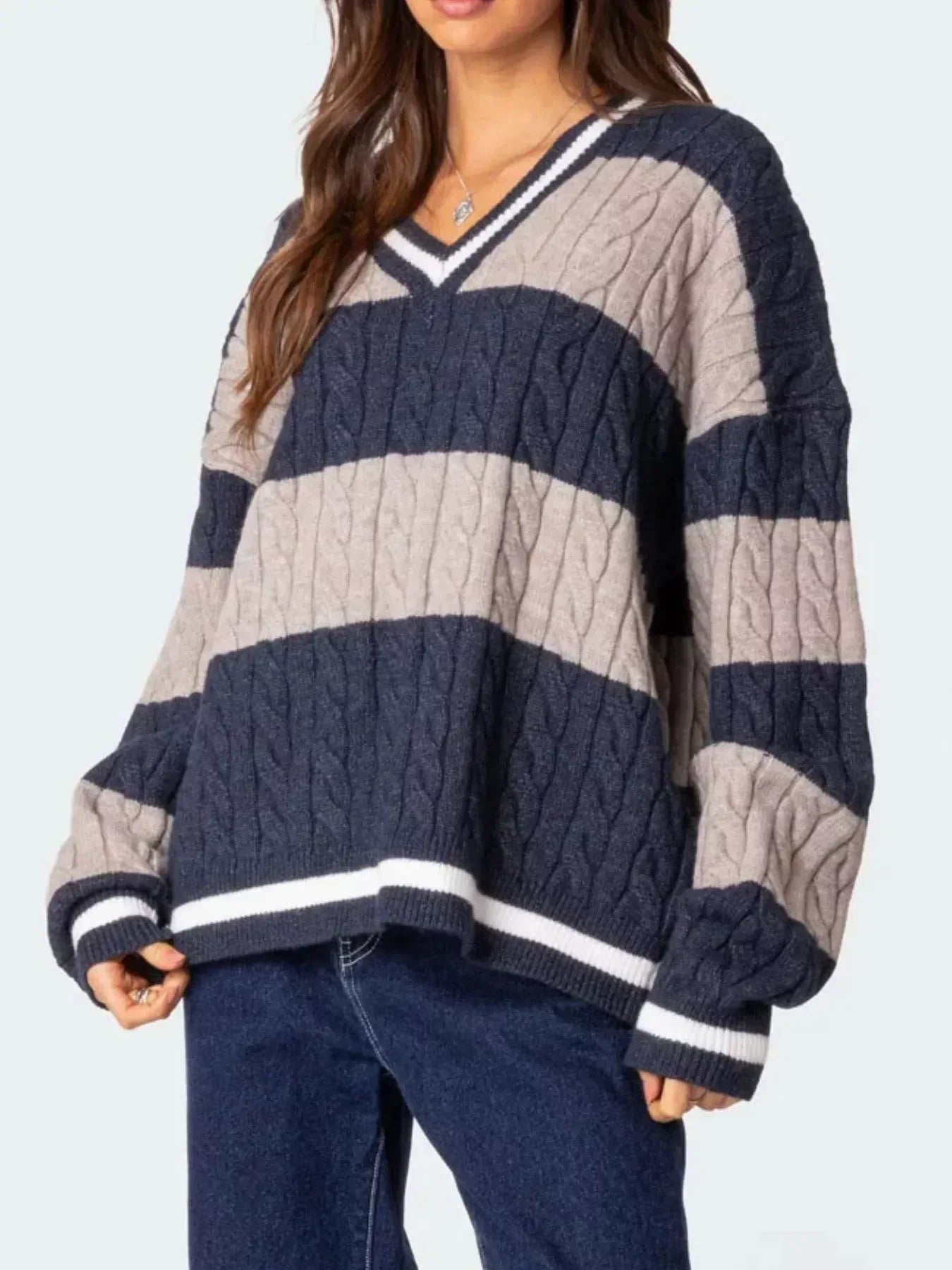 Striped Cable Knit V-Neck Sweater - DAVERRI FASHIONS
