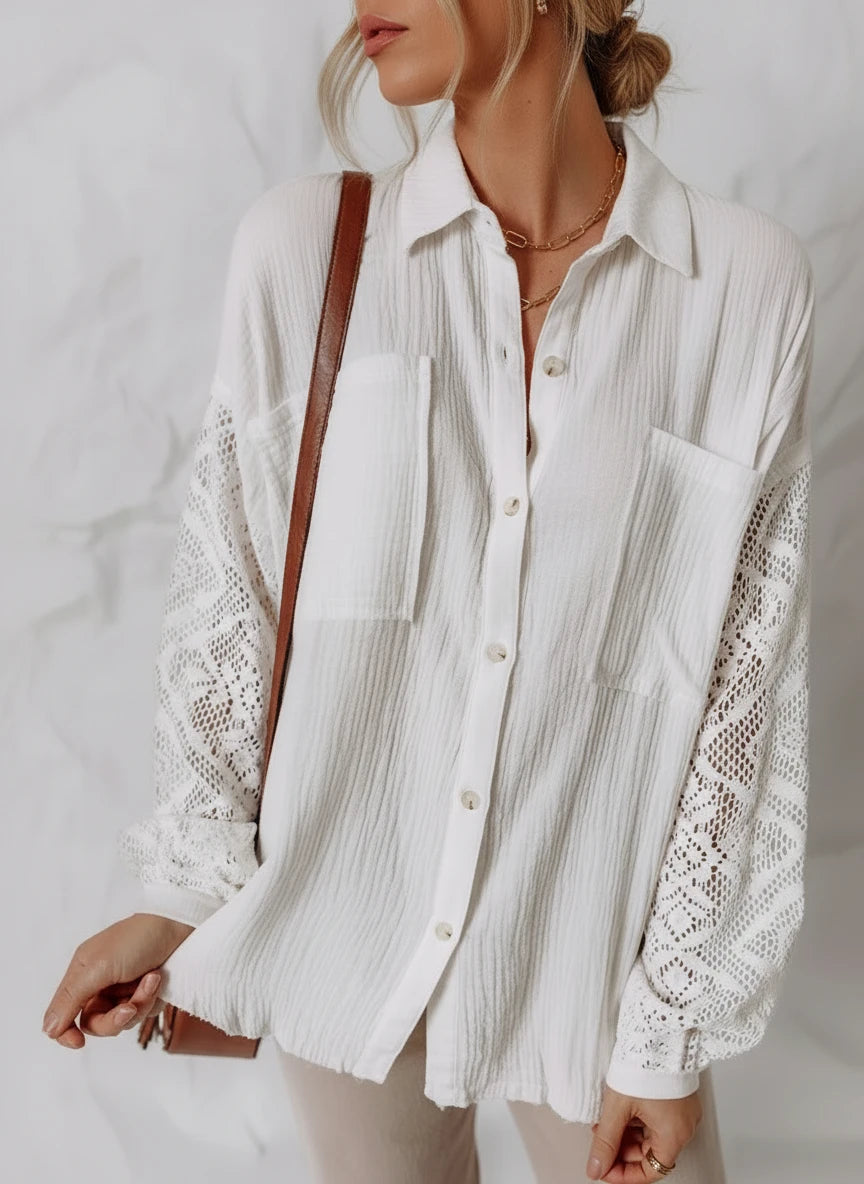 Women’s white cotton button-down shirt with sheer lace sleeves