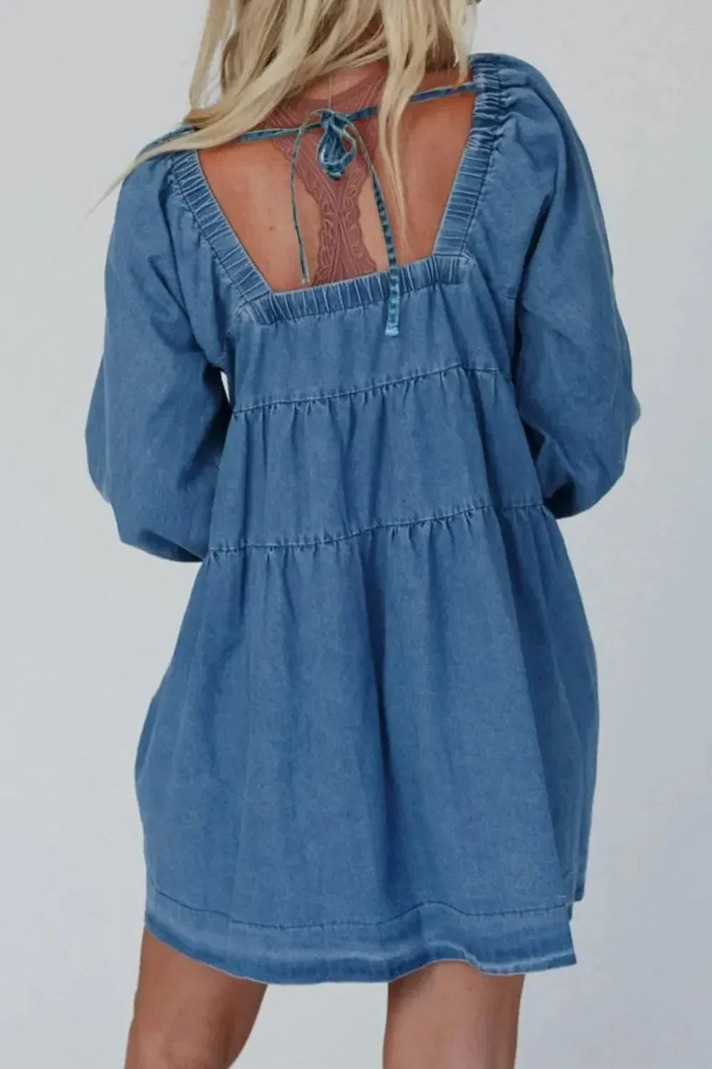 Tied Square Neck Long Sleeve Denim Dress with Pockets - DAVERRI FASHIONS